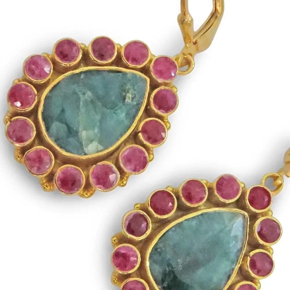 18K Sterling Silver Genuine Emerald-Ruby Gem Stone Earring